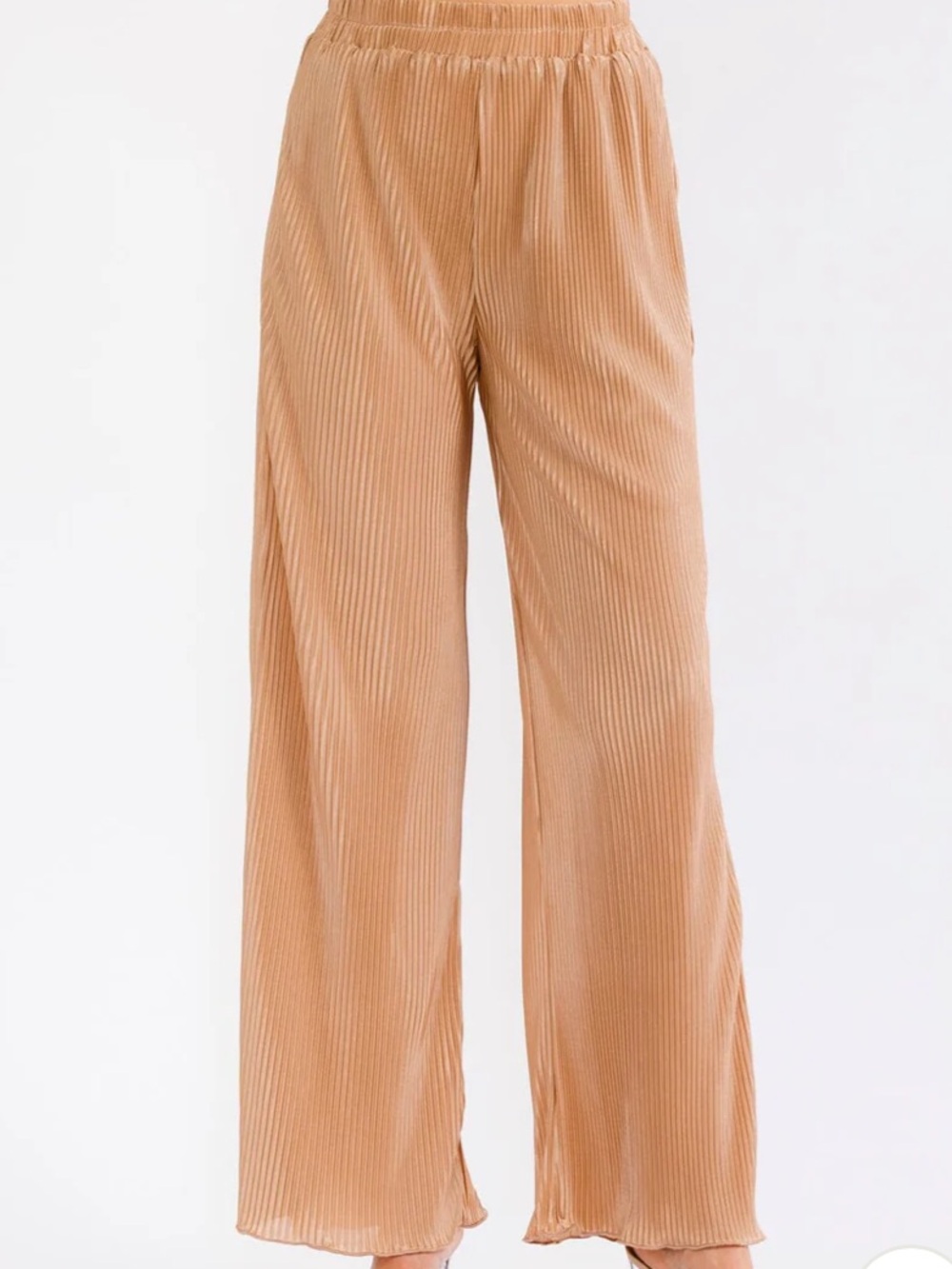 WAYF Tan/Gold Elastic Waist Micro Pleated Palazzo Pants. Size S